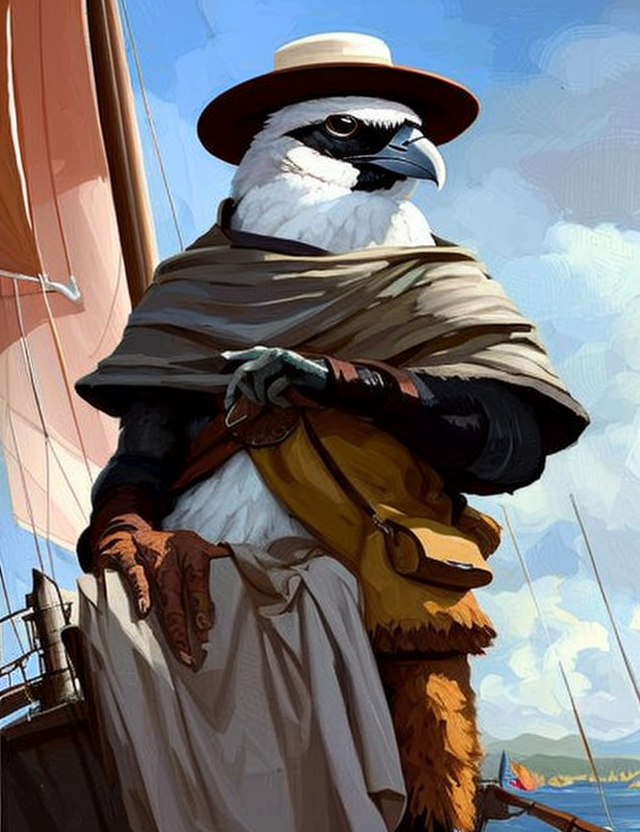 16491-2547624981-full shot painting (aarakocra) artificer with a gambeson and a panama hat, older, grizzled, stubble, white hair, [fat] [wrinkled.png